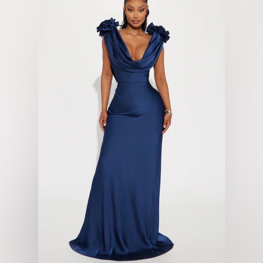 Positano Cowl Neck Satin Maxi Dress - Navy size large